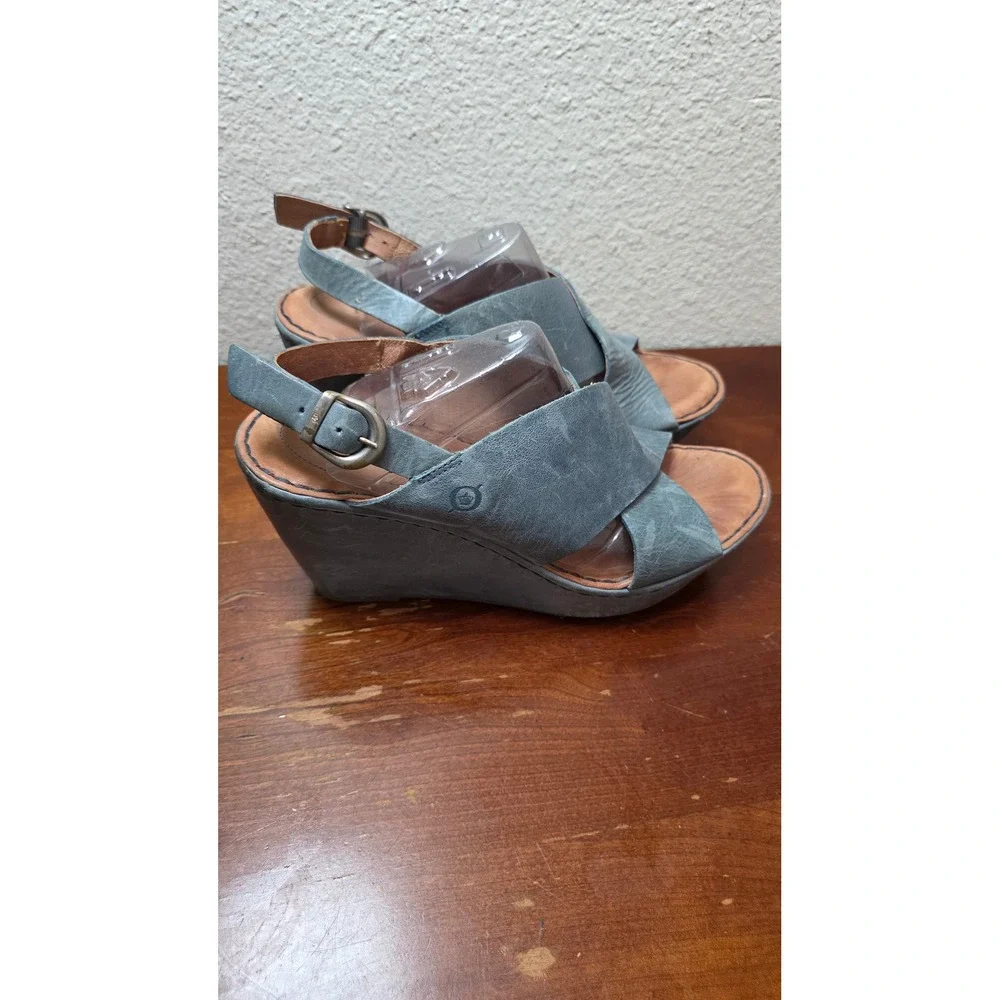 Born MJJ2 Leather Wedge Sandals Womens 10 Blue Grey Crisscross Slingback MJJ2